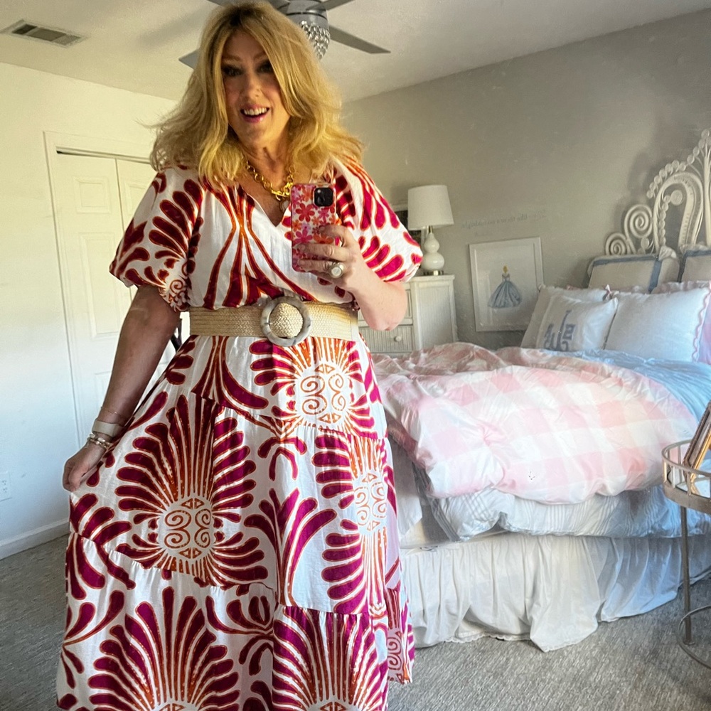 UMGEE Elegant Fuscia, orange and White Patterned Dress, size L